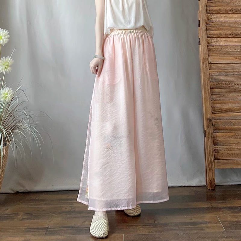 【XFJシリーズ】チャイナ風 ガウチョパンツ 花柄 3色 - グリーン ピンク イエロー 中華風 ボトムス