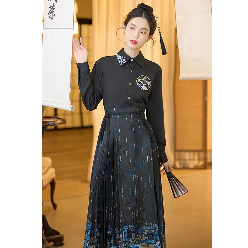 【BAIRIMENGシリーズ】チャイナ風 プリーツスカート 漢服 スカート 中華服 ブラック 黒色 ボトムス レディース フェミニン