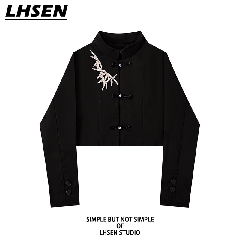 【LHSENシリーズ】チャイナ風シャツ ミニ丈 アウター 竹柄 着痩せ ブラック