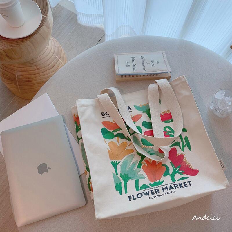 【ANDCICIシリーズ】★バッグ★ トートバッグ ズック 大容量 油絵風 彩 花 可愛い デート 気質アップ 合わせやすい ベージュ - ChinChic