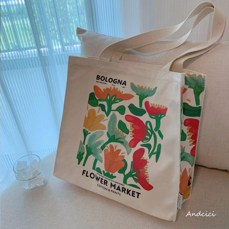 【ANDCICIシリーズ】★バッグ★ トートバッグ ズック 大容量 油絵風 彩 花 可愛い デート 気質アップ 合わせやすい ベージュ - ChinChic
