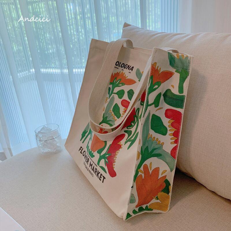 【ANDCICIシリーズ】★バッグ★ トートバッグ ズック 大容量 油絵風 彩 花 可愛い デート 気質アップ 合わせやすい ベージュ - ChinChic