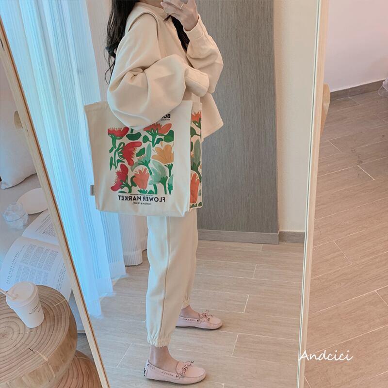 【ANDCICIシリーズ】★バッグ★ トートバッグ ズック 大容量 油絵風 彩 花 可愛い デート 気質アップ 合わせやすい ベージュ - ChinChic