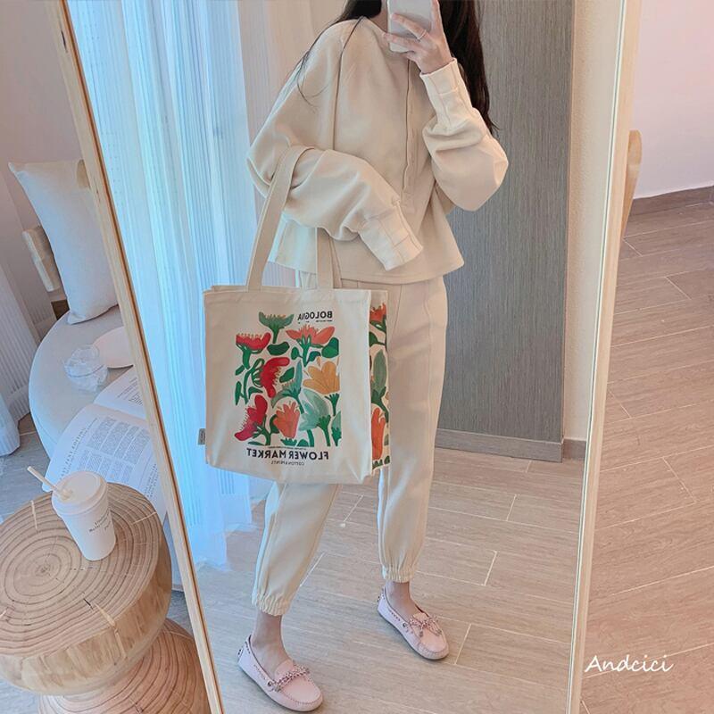 【ANDCICIシリーズ】★バッグ★ トートバッグ ズック 大容量 油絵風 彩 花 可愛い デート 気質アップ 合わせやすい ベージュ - ChinChic