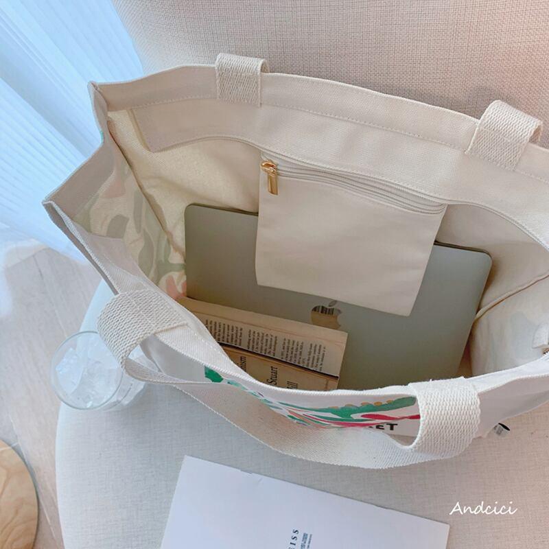 【ANDCICIシリーズ】★バッグ★ トートバッグ ズック 大容量 油絵風 彩 花 可愛い デート 気質アップ 合わせやすい ベージュ - ChinChic