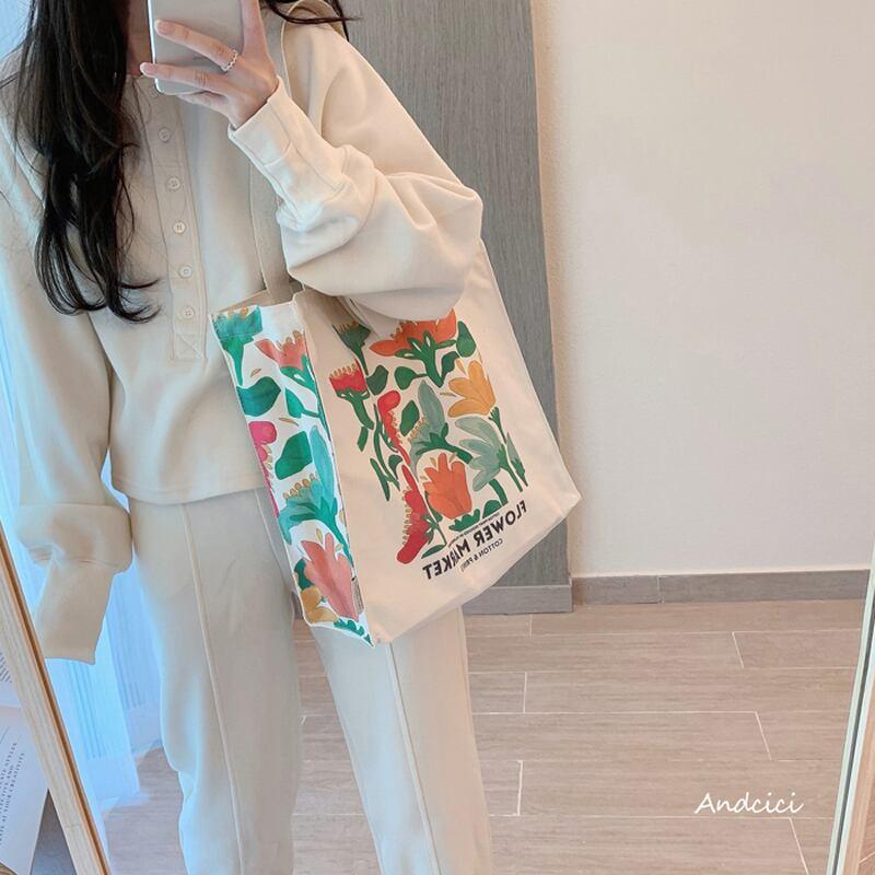 【ANDCICIシリーズ】★バッグ★ トートバッグ ズック 大容量 油絵風 彩 花 可愛い デート 気質アップ 合わせやすい ベージュ - ChinChic