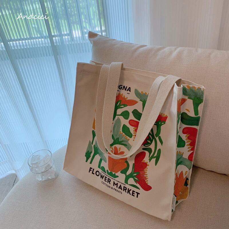 【ANDCICIシリーズ】★バッグ★ トートバッグ ズック 大容量 油絵風 彩 花 可愛い デート 気質アップ 合わせやすい ベージュ - ChinChic
