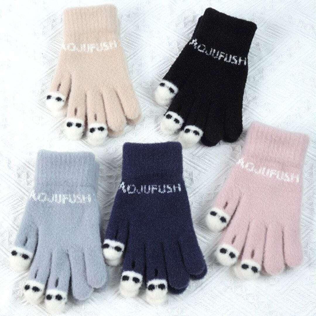 【AOJUシリーズ】★手袋★ 小物 防寒 5色展開 ニット 指開き ピンク ベージュ ブラック ネイビー ライトブルー - ChinChic