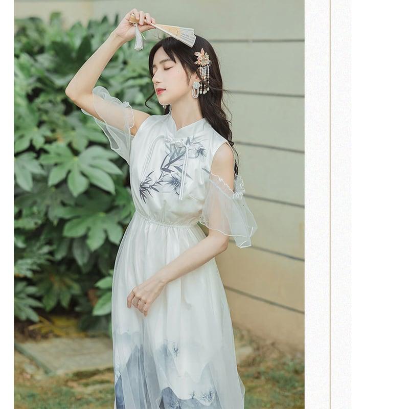 【AZ蘇奈兒シリーズ】★チャイナ風ワンピース★ 漢服ワンピース 肩出し S M L XL 中華服 デート 女子会 - ChinChic