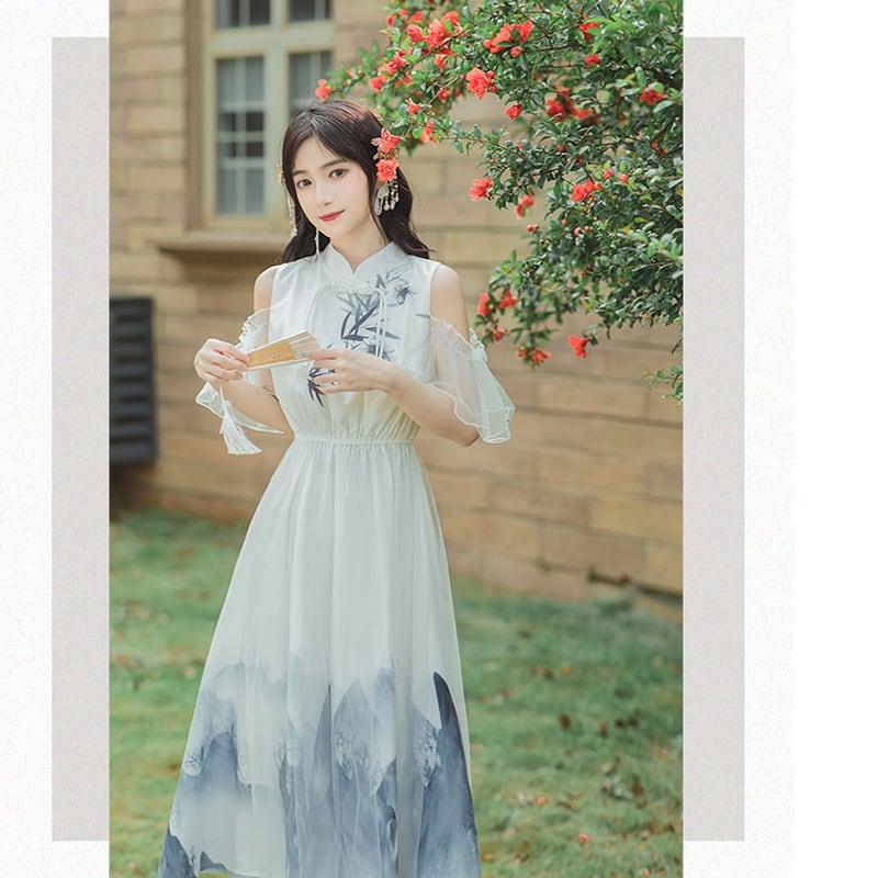 【AZ蘇奈兒シリーズ】★チャイナ風ワンピース★ 漢服ワンピース 肩出し S M L XL 中華服 デート 女子会 - ChinChic