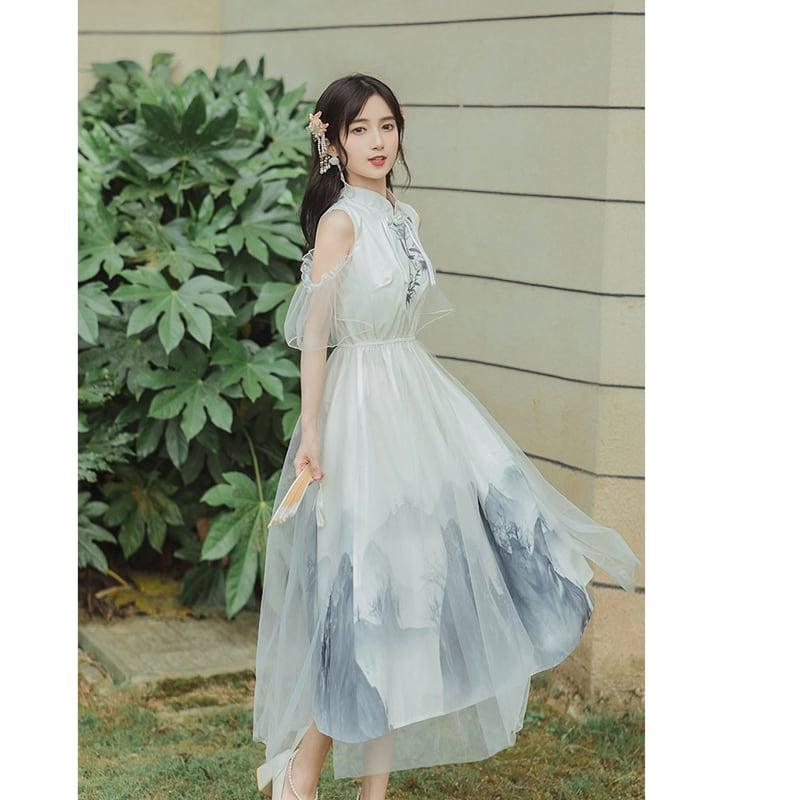 【AZ蘇奈兒シリーズ】★チャイナ風ワンピース★ 漢服ワンピース 肩出し S M L XL 中華服 デート 女子会 - ChinChic
