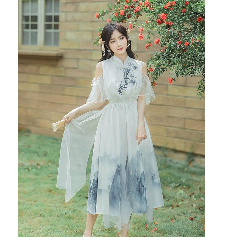 【AZ蘇奈兒シリーズ】★チャイナ風ワンピース★ 漢服ワンピース 肩出し S M L XL 中華服 デート 女子会 - ChinChic