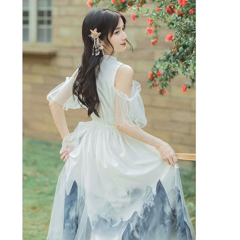 【AZ蘇奈兒シリーズ】★チャイナ風ワンピース★ 漢服ワンピース 肩出し S M L XL 中華服 デート 女子会 - ChinChic