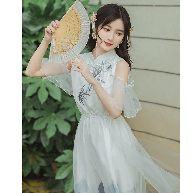 【AZ蘇奈兒シリーズ】★チャイナ風ワンピース★ 漢服ワンピース 肩出し S M L XL 中華服 デート 女子会 - ChinChic