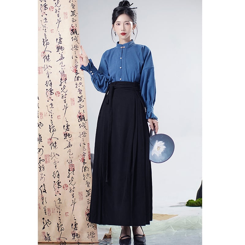 【WUJIAシリーズ】チャイナ風シャツ 長袖 トップス 気質アップ ブルー 青 合わせやすい S M L XL