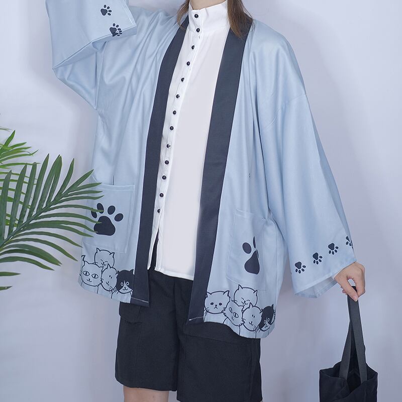 【倉寶兒屋シリーズ】チャイナ風法被 猫柄プリント 夏服 薄手 ブラック ライトグレー 2色