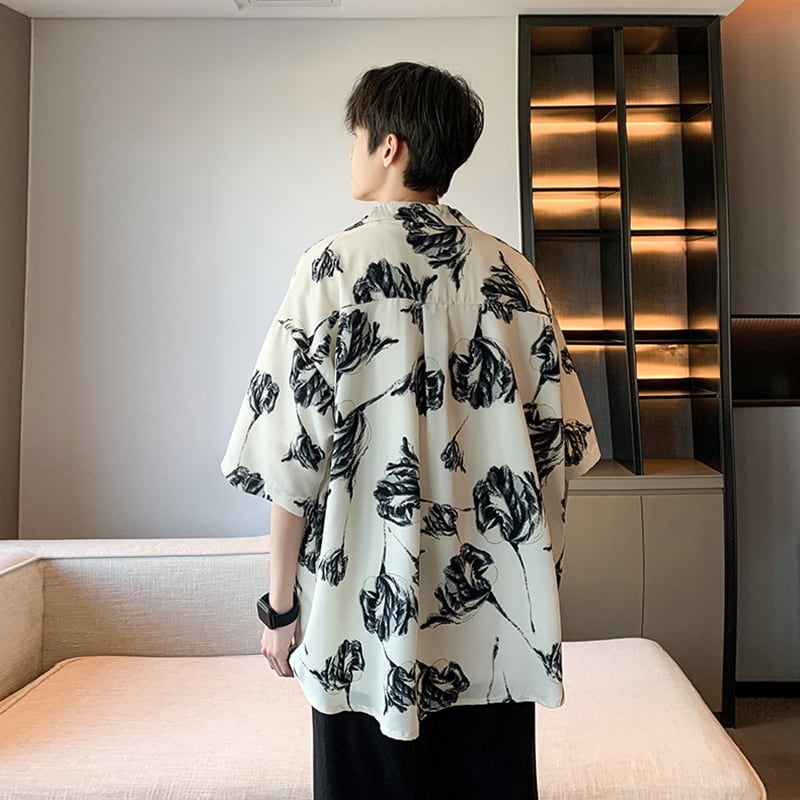 【ZHUIYIシリーズ】チャイナ風トップス 男女兼用 半袖シャツ 大きいサイズ 花柄 シャツ 2色展開 黒 白