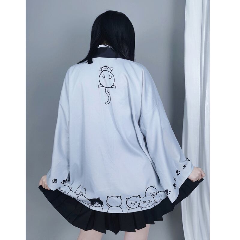 【倉寶兒屋シリーズ】チャイナ風法被 猫柄プリント 夏服 薄手 ブラック ライトグレー 2色
