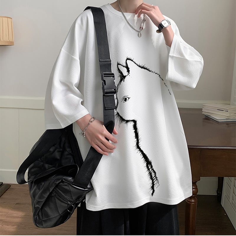 【CEXUシリーズ】3色展開 七分袖 Tシャツ 男女兼用 大きいサイズ 猫柄 黒 白 青