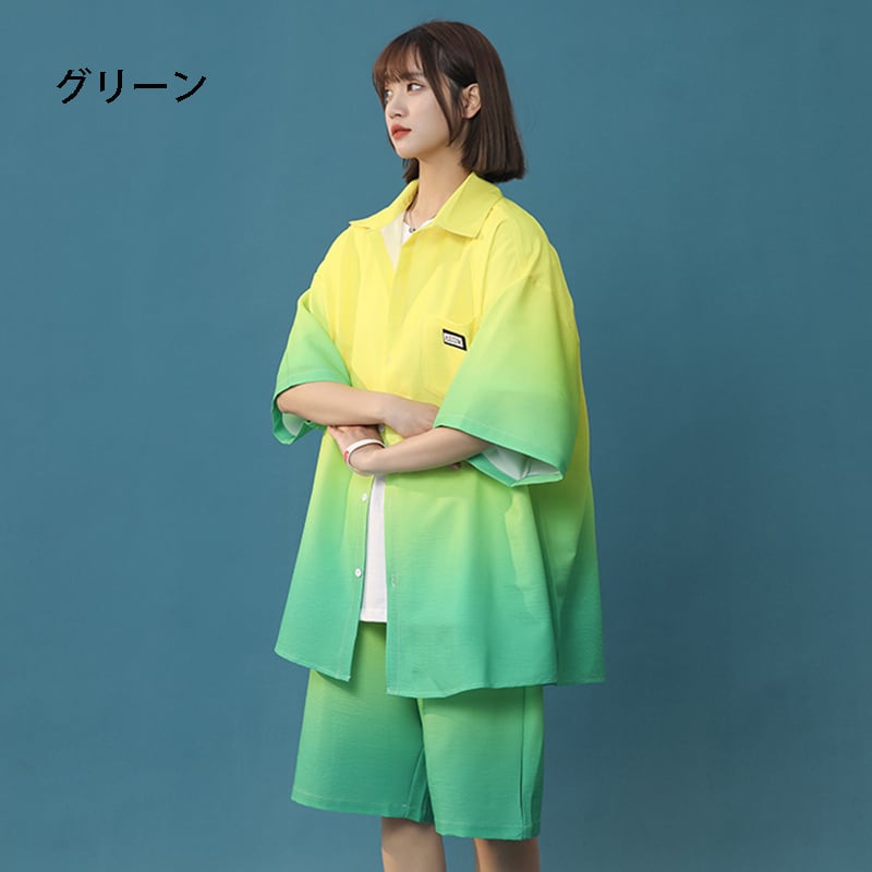 【藤伊曼シリーズ】4色 セットアップ 半袖シャツ + 短パン 男女兼用 大きいサイズ グラデーション