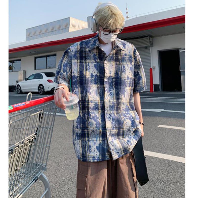 【DUFENGシリーズ】3色 半袖 チェック柄 トップス 男女兼用 大きいサイズ 絞り染め シャツ