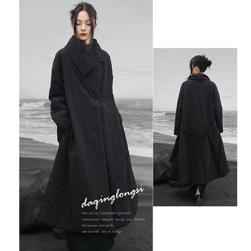 【大青龍肆シリーズ】チャイナ風コート 綿入り ブラック 冬服 暖かい ロング丈 レディース