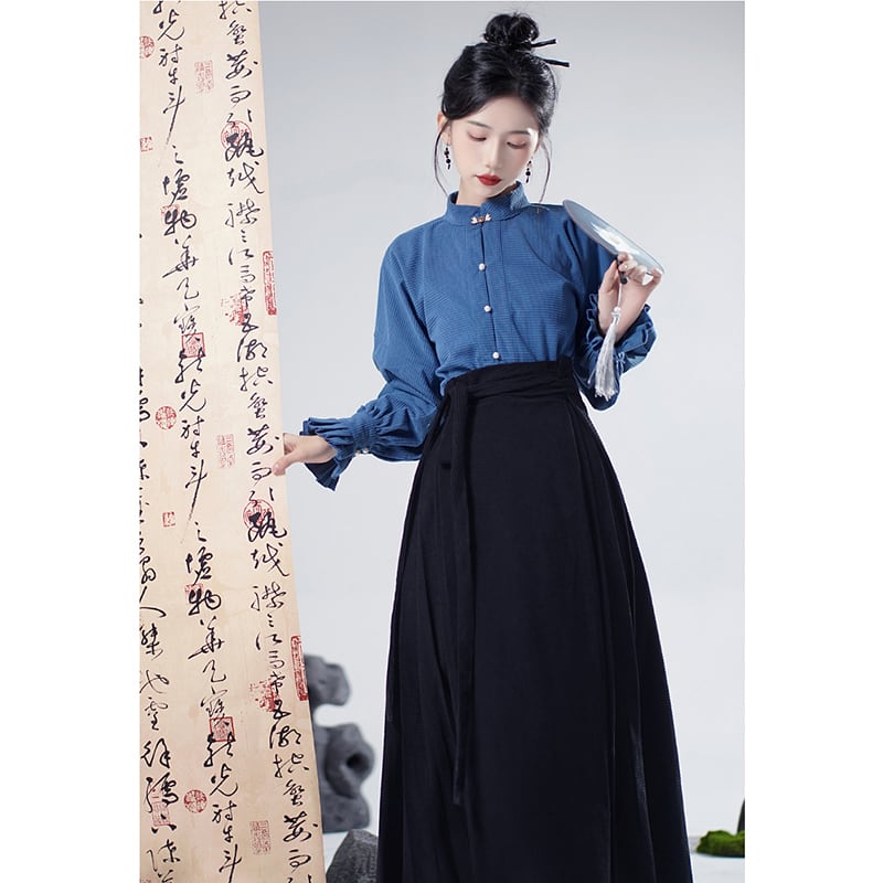 【WUJIAシリーズ】チャイナ風シャツ 長袖 トップス 気質アップ ブルー 青 合わせやすい S M L XL