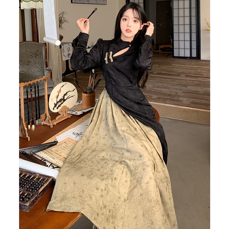 【XIAODUJIAシリーズ】チャイナ風ワンピース レディース 長袖 大きいサイズ フェイクレイヤード おしゃれ 使いやすい