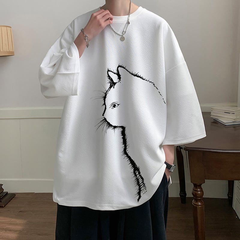 【CEXUシリーズ】3色展開 七分袖 Tシャツ 男女兼用 大きいサイズ 猫柄 黒 白 青