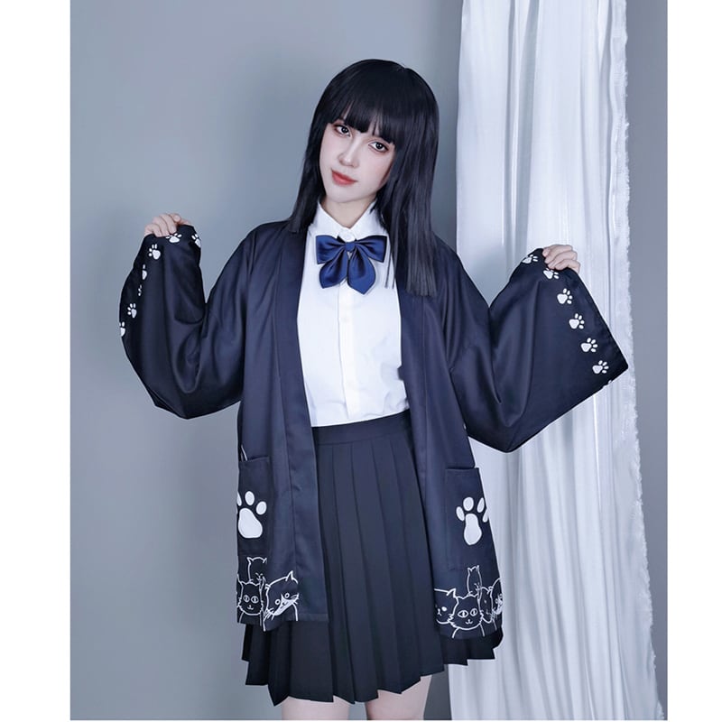 【倉寶兒屋シリーズ】チャイナ風法被 猫柄プリント 夏服 薄手 ブラック ライトグレー 2色