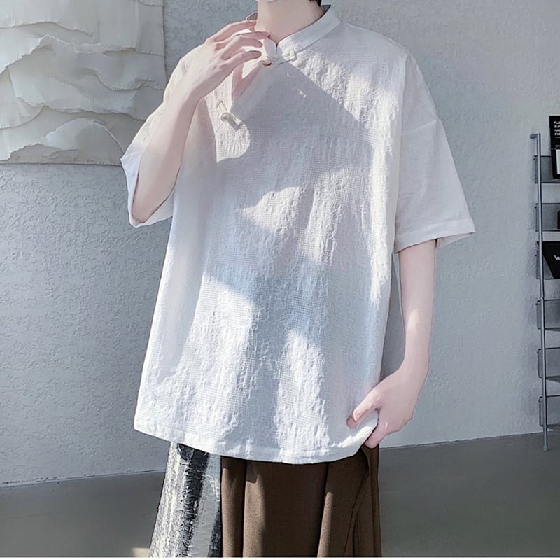 【TIANYIシリーズ】チャイナ風トップス 半袖シャツ 男女兼用 大きいサイズ 3色展開 緑 黒 白