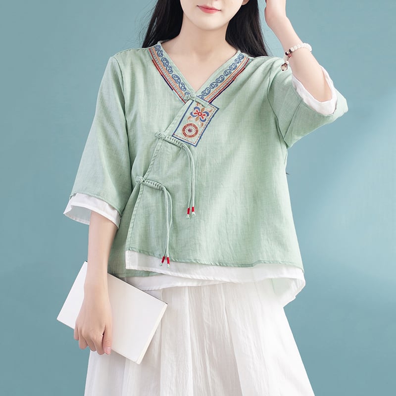 【清裊シリーズ】チャイナ風刺繍シャツ Vネック 4色展開 通販デザイン おしゃれトップス