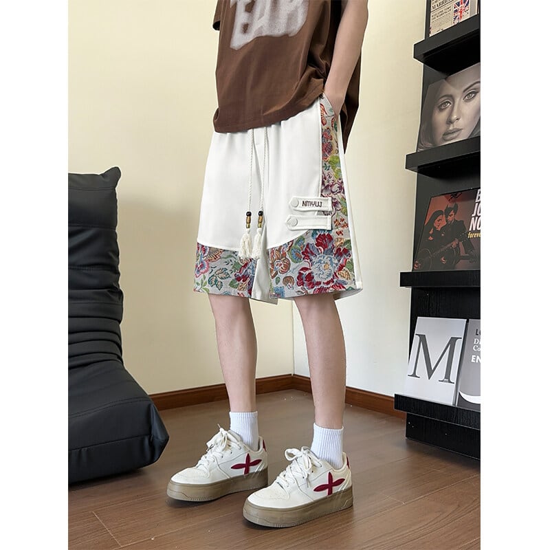 【ZHEYUANシリーズ】チャイナ風ズボン 3色 ボトムス ショートパンツ 男女兼用 大きいサイズ 花柄 切り替え