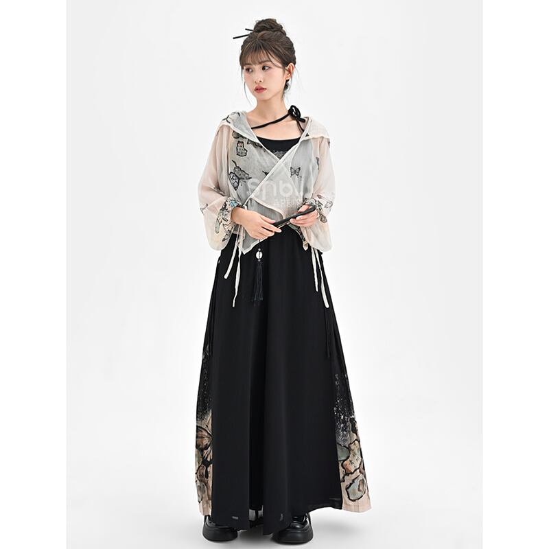 【森女部落---錦灰堆シリーズ】チャイナ風キャミソール タンクトップ プリント 蝶々 デザイン 夏服 個性的 ブラック