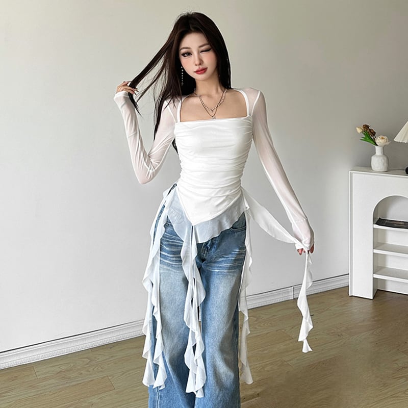 【KLIOUシリーズ】2色 Tシャツ チュール セクシー レディース 着痩せ ブラック ホワイト 黒 白 不規則