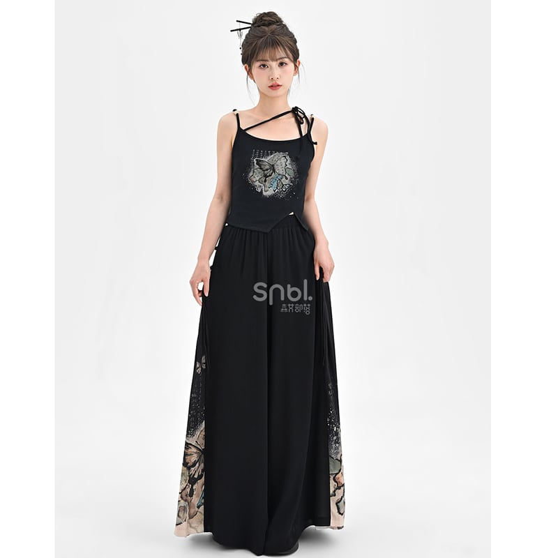 【森女部落---錦灰堆シリーズ】チャイナ風キャミソール タンクトップ プリント 蝶々 デザイン 夏服 個性的 ブラック