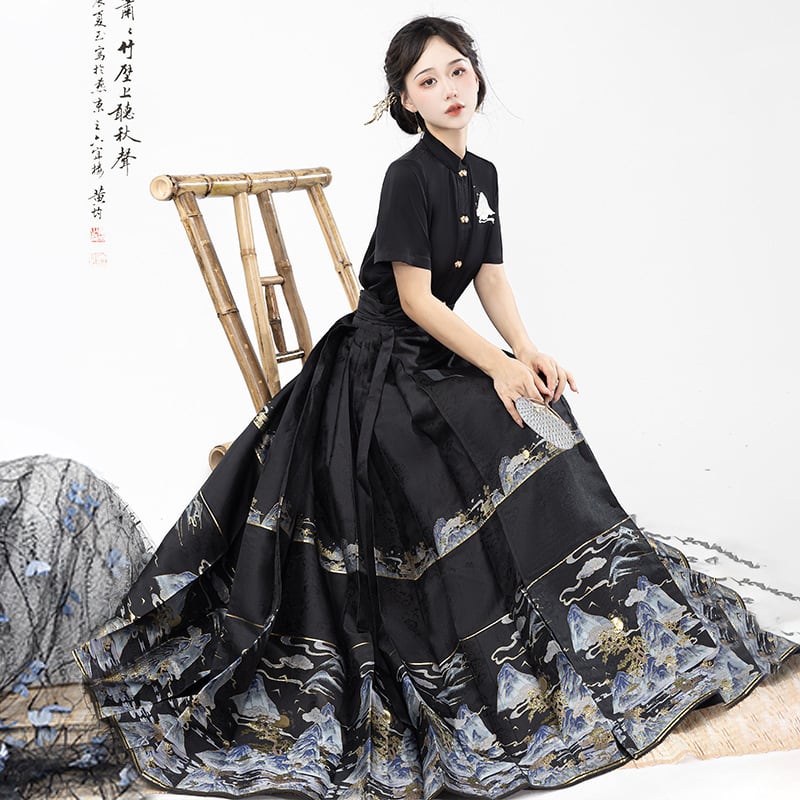 【喚初---明月松間照シリーズ】チャイナ風トップス 長袖 半袖 刺繍 中華服 シャツ 可愛い ブラック 黒色