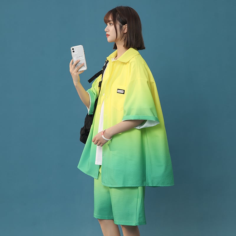 【藤伊曼シリーズ】4色 セットアップ 半袖シャツ + 短パン 男女兼用 大きいサイズ グラデーション