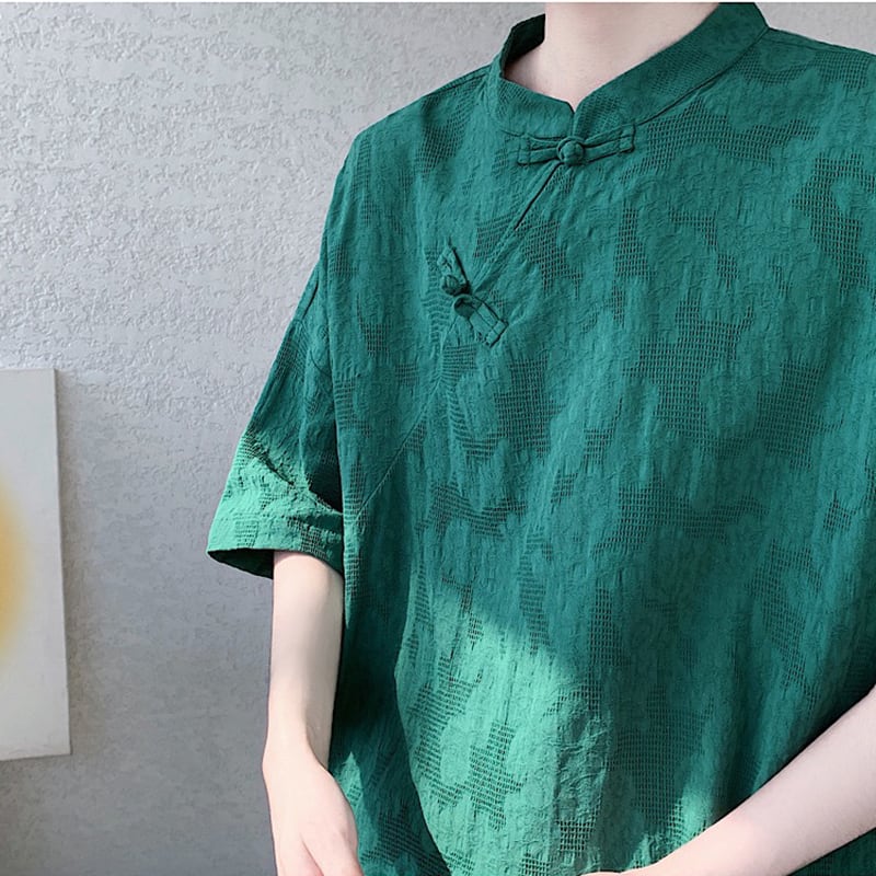 【TIANYIシリーズ】チャイナ風トップス 半袖シャツ 男女兼用 大きいサイズ 3色展開 緑 黒 白