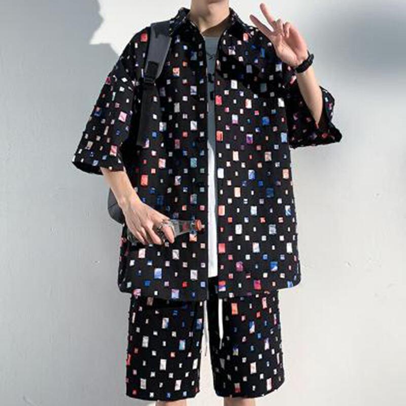 【BIGEMANシリーズ】★セットアップ★ シャツ+短パン 2COLOR チェック柄 男女兼用 メンズ 大きいサイズ ホワイトブラック - ChinChic