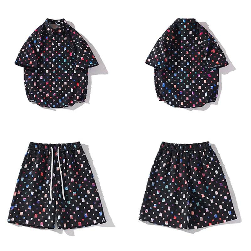 【BIGEMANシリーズ】★セットアップ★ シャツ+短パン 2COLOR チェック柄 男女兼用 メンズ 大きいサイズ ホワイトブラック - ChinChic