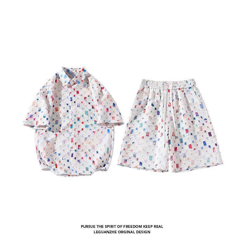 【BIGEMANシリーズ】★セットアップ★ シャツ+短パン 2COLOR チェック柄 男女兼用 メンズ 大きいサイズ ホワイトブラック - ChinChic