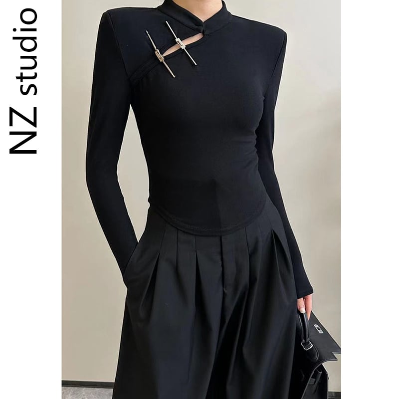 【 NZ STUDIOシリーズ】チャイナ風 レディース 長袖 Tシャツ 着痩せ ブラック 黒 おしゃれ コーディネートしやすい