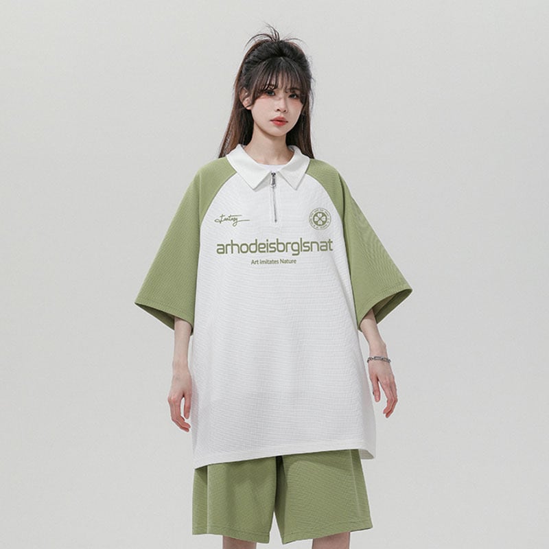 【藤伊曼シリーズ】★セットアップ★ 4色 POLOシャツ + 短パン 男女兼用 メンズ 大きいサイズ 配色 可愛い