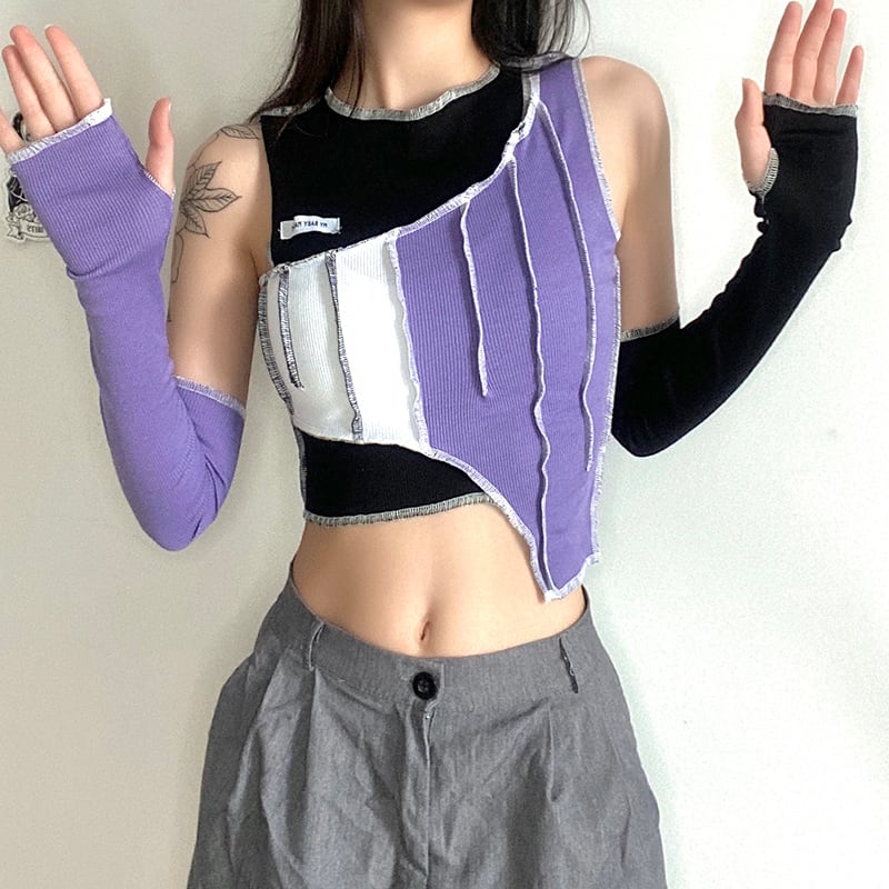 【KLIOUシリーズ】切り替えデザイン レディース Tシャツ おしゃれ セクシー ブラック パープル 不規則 トップス