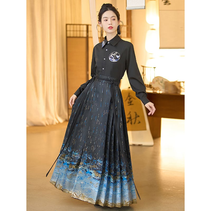 【BAIRIMENGシリーズ】チャイナ風 プリーツスカート 漢服 スカート 中華服 ブラック 黒色 ボトムス レディース フェミニン