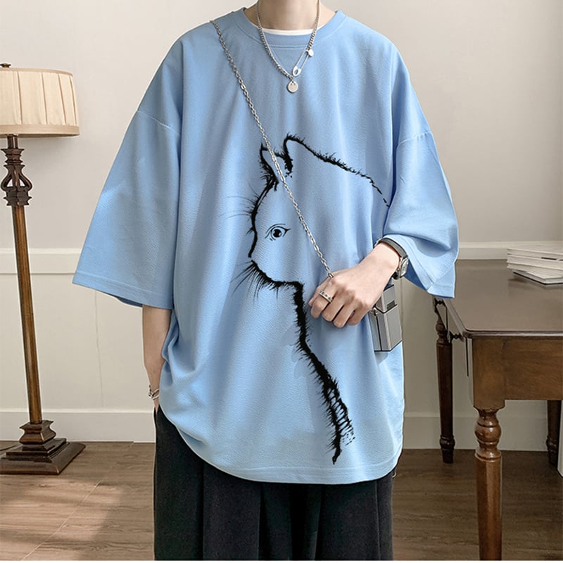 【CEXUシリーズ】3色展開 七分袖 Tシャツ 男女兼用 大きいサイズ 猫柄 黒 白 青
