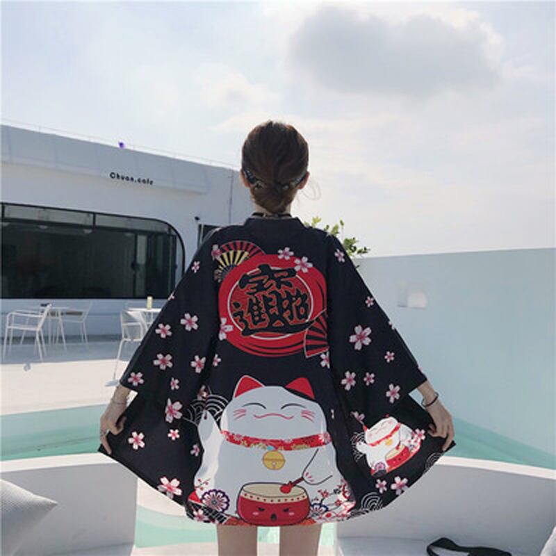 【潮我看シリーズ】カーディガン 2色 アウター トップス 招き猫模様 桜 可愛い 和風 ゆったり カジュアル ファッション