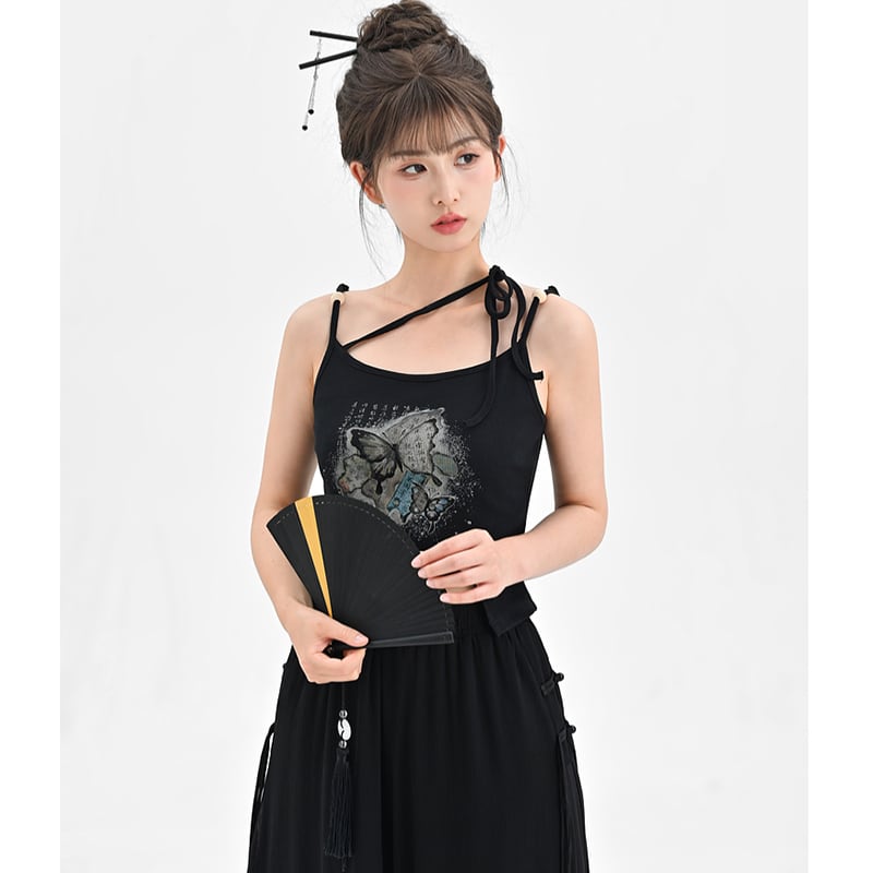 【森女部落---錦灰堆シリーズ】チャイナ風キャミソール タンクトップ プリント 蝶々 デザイン 夏服 個性的 ブラック