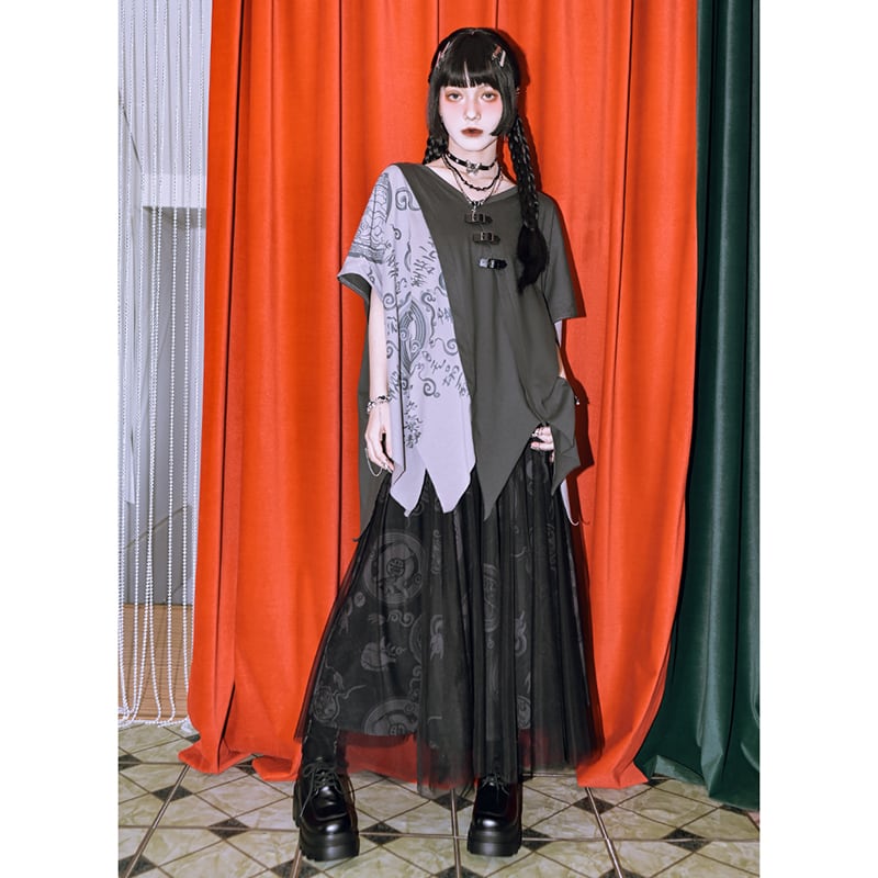 【古怪舍---清心訣シリーズ】★チャイナ風トップス★ 半袖 Tシャツ 個性的 オリジナル 不規則 コットン プリント
